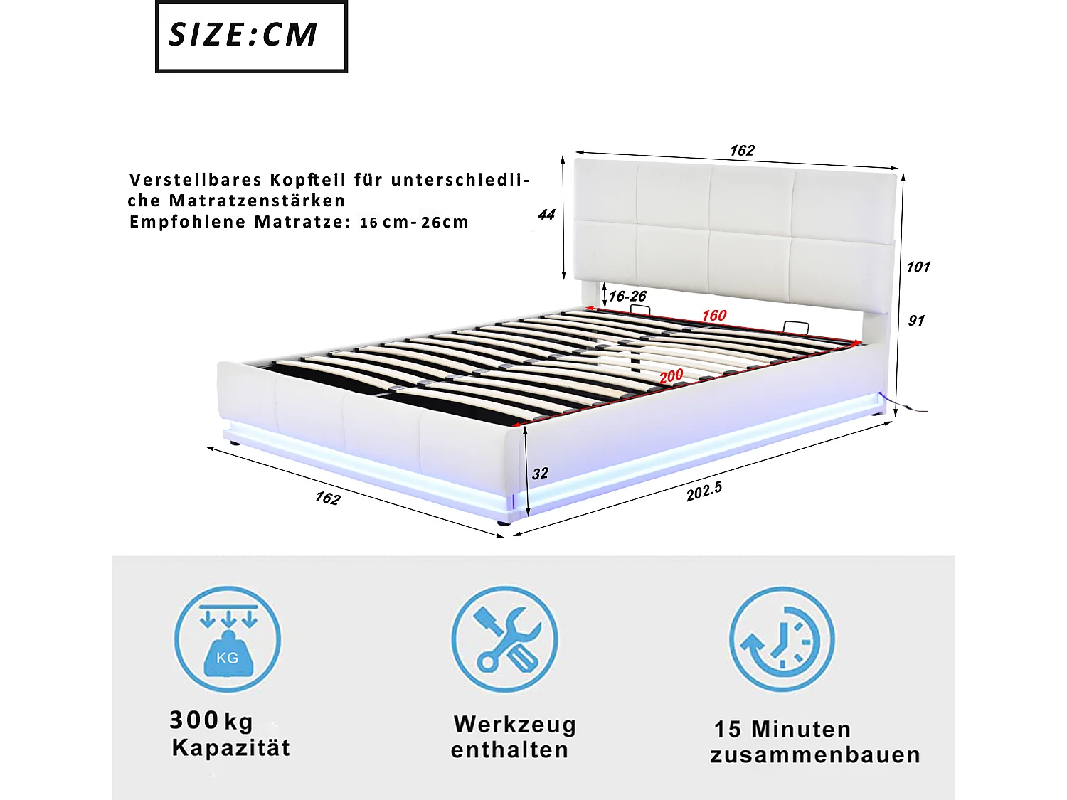 Lit coffre avec tête de lit réglable - 160 x 200 cm - cuir PU - LEDs - coloris blanc