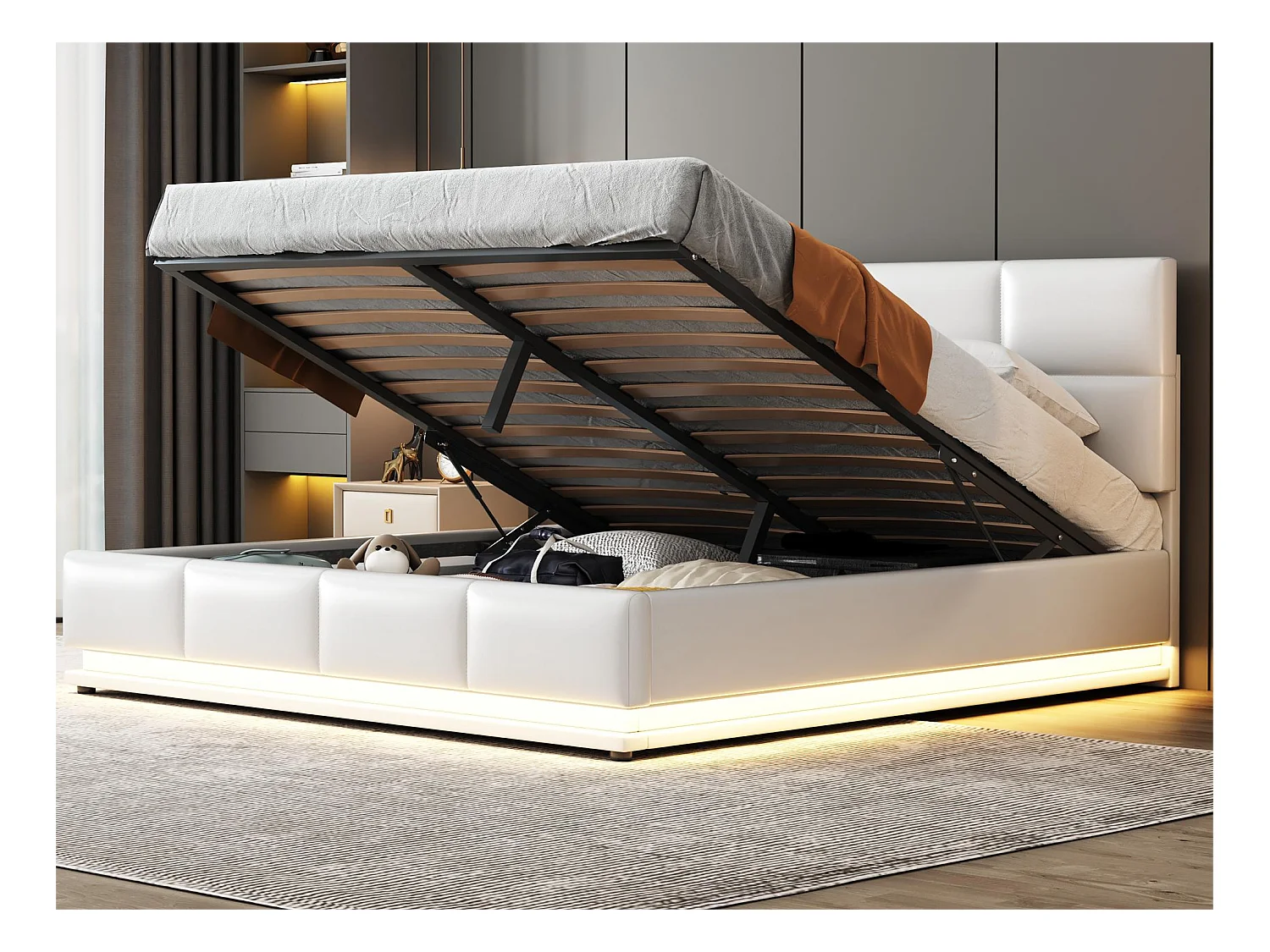 Lit coffre avec tête de lit réglable - 160 x 200 cm - cuir PU - LEDs - coloris blanc