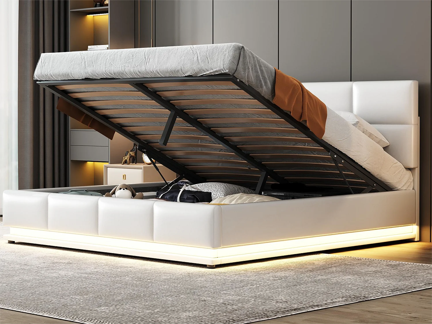 Letto contenitore con testiera regolabile - 160 x 200 cm - Pelle PU - LED - colore bianco