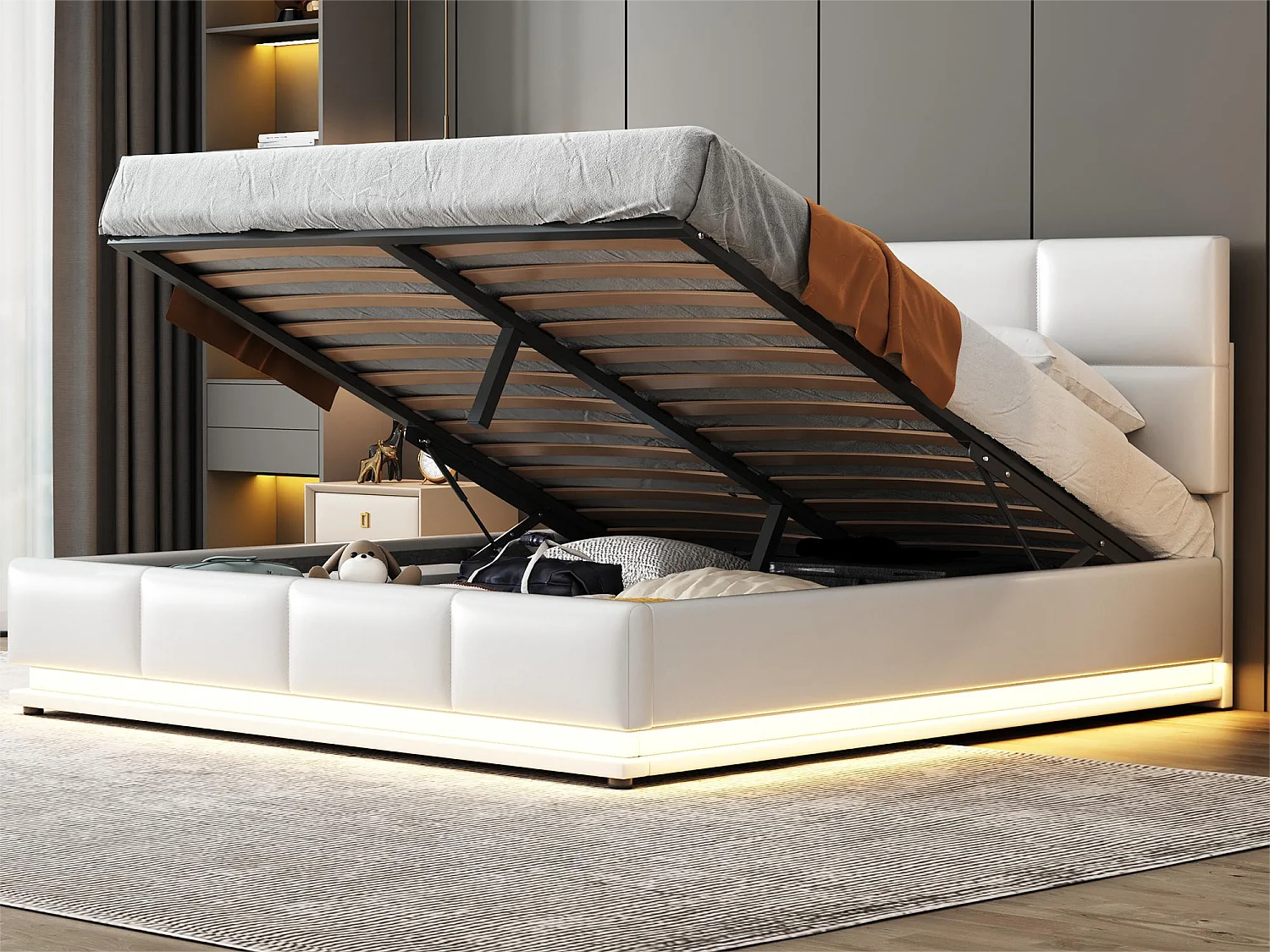 Lit coffre avec tête de lit réglable - 160 x 200 cm - cuir PU - LEDs - coloris blanc