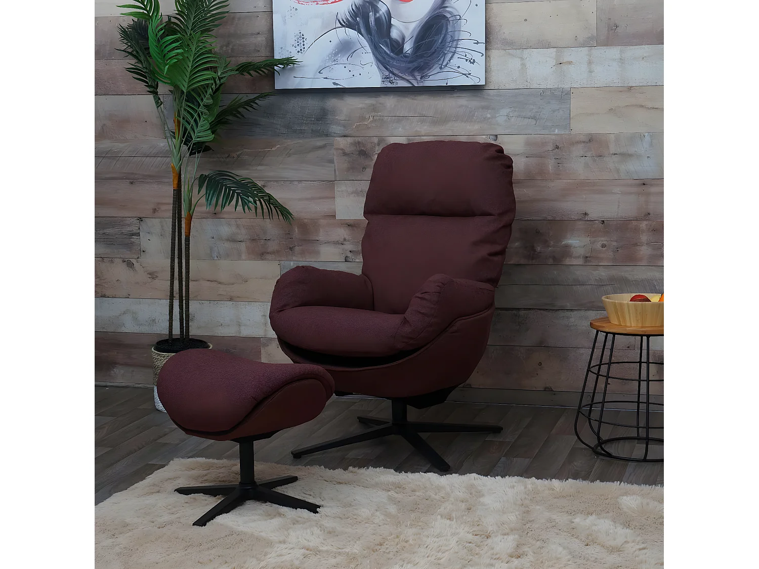 Fauteuil relax + pouf MCW-L12 pivotant,  bordeaux