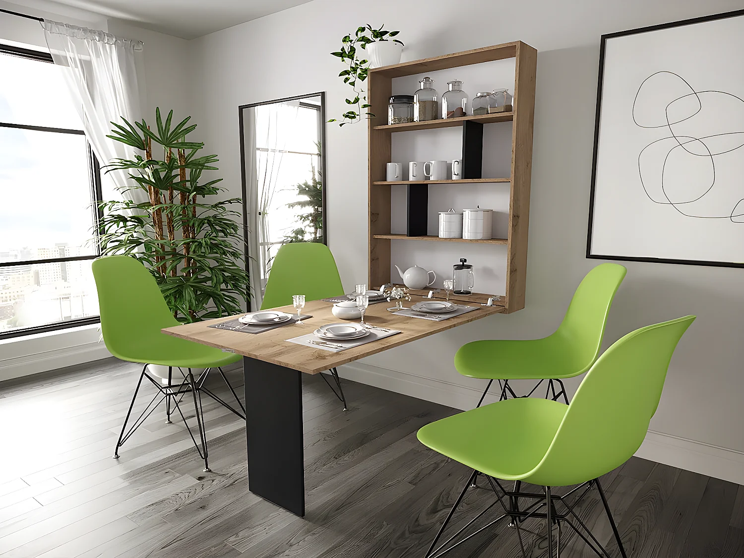 Mesa de comedor moderna de pared "Abi" - Roble/Negro - 130 x 85 x 203 cm