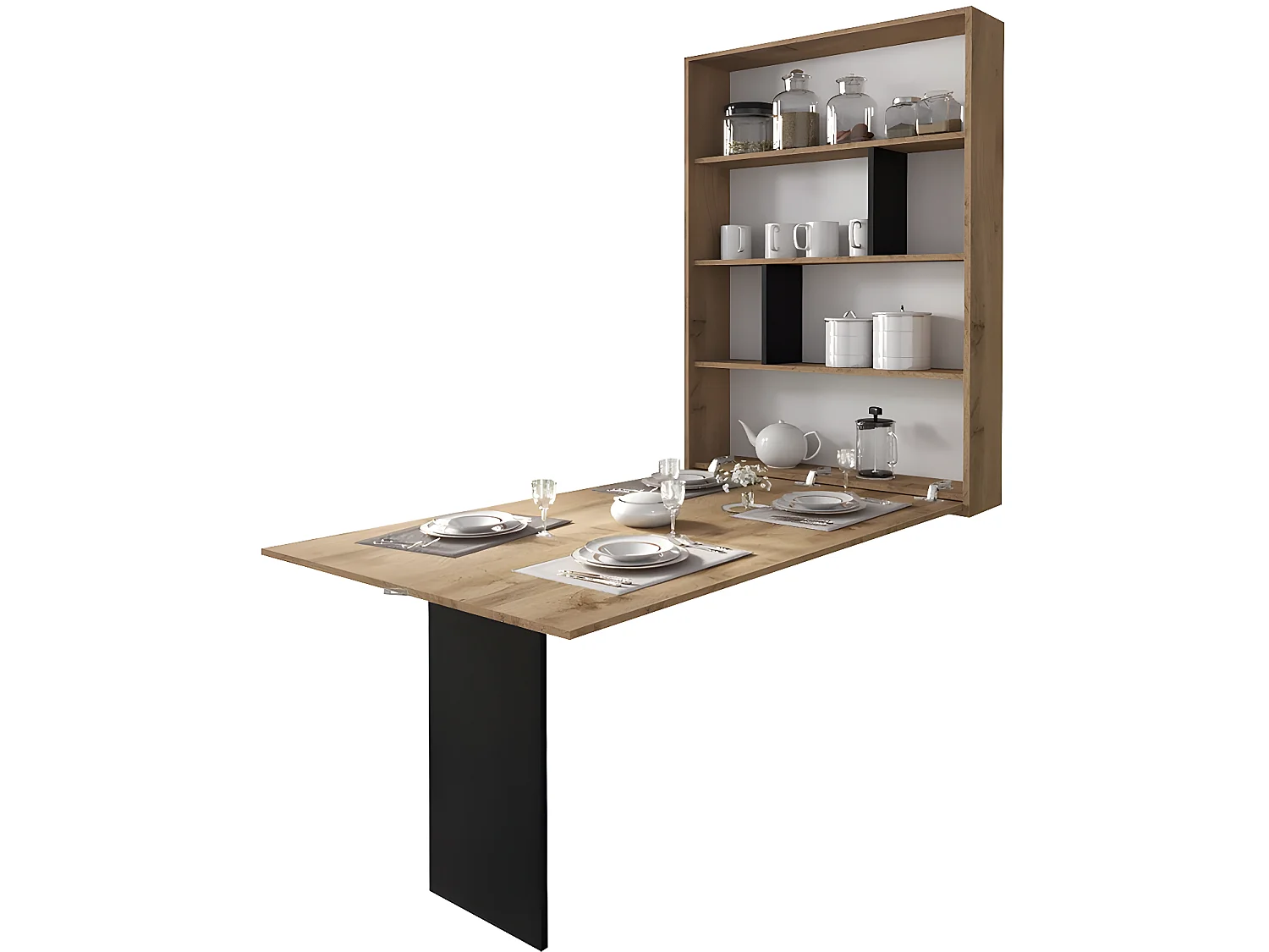 Mesa de comedor moderna de pared "Abi" - Roble/Negro - 130 x 85 x 203 cm