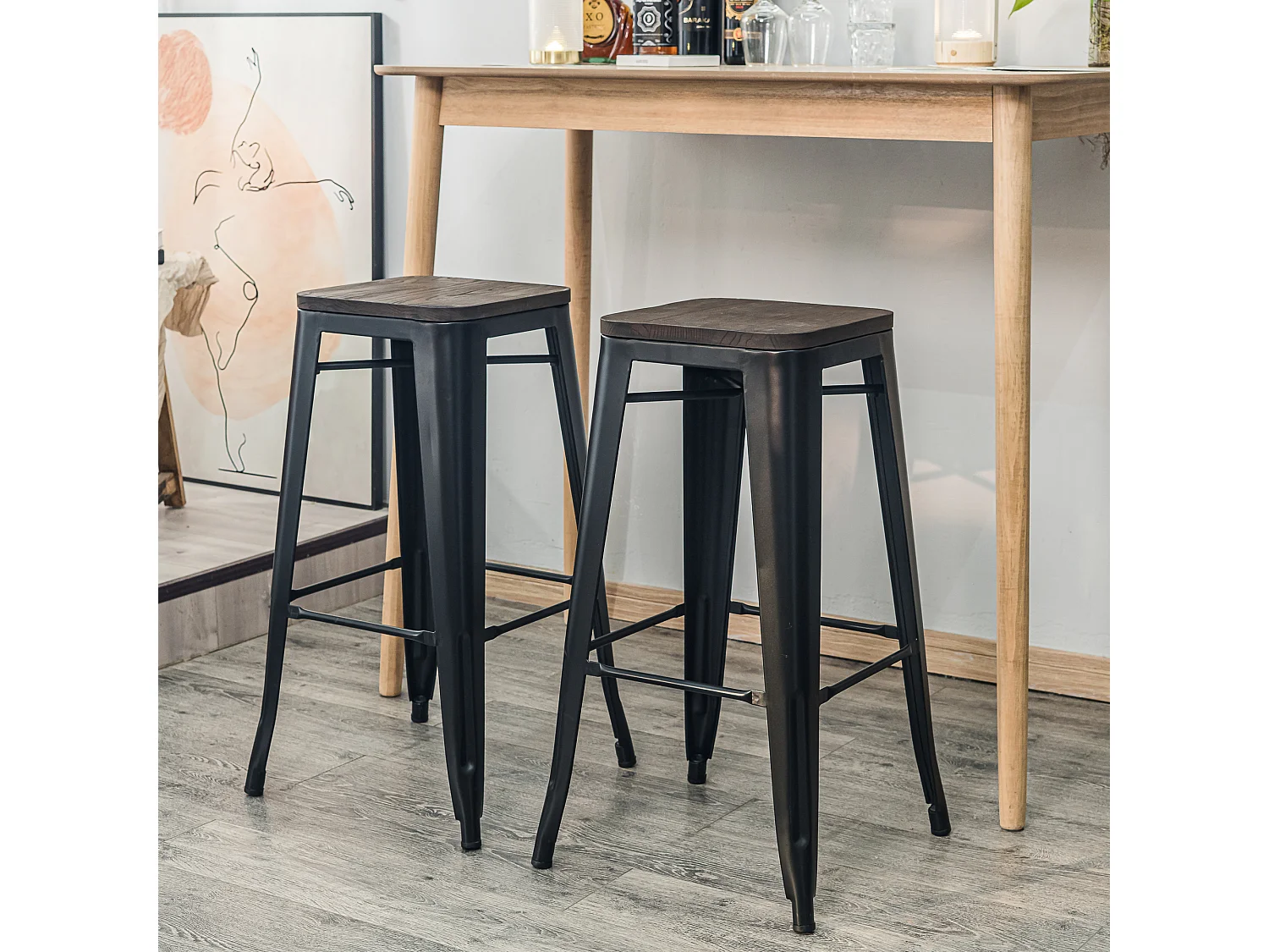 Lot de 4 tabourets de bar en métal et frêne naturel