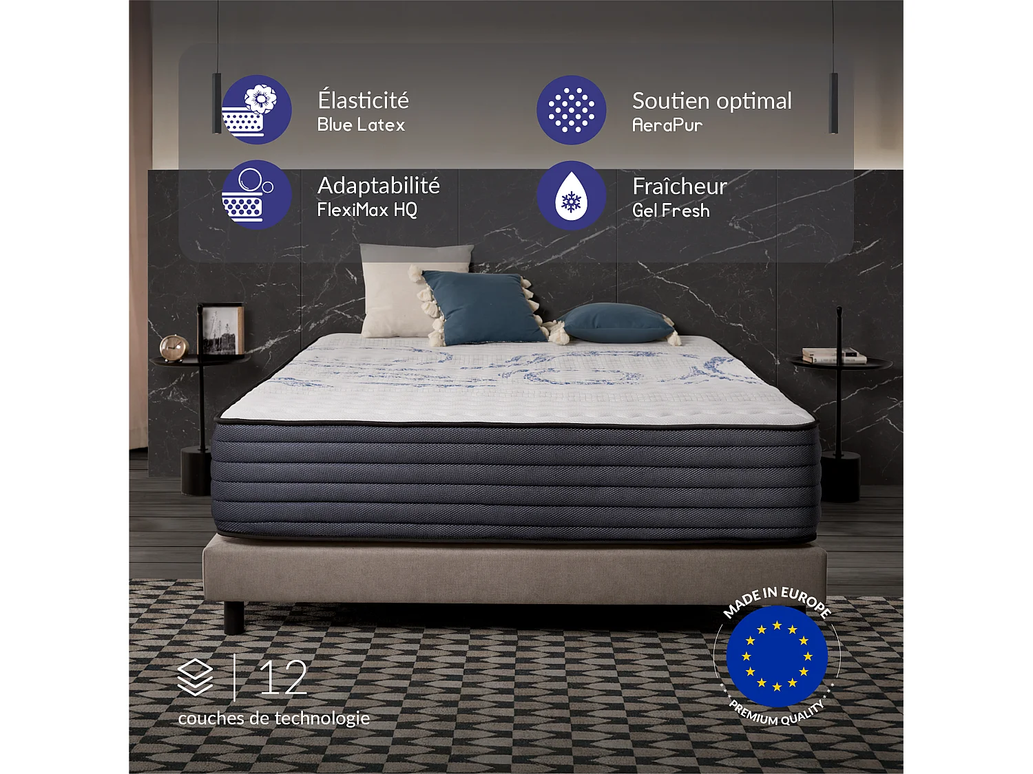 Matelas Perfectsleep 135x190 cm - Mousse HR - Accueil Blue Latex - Très épais 32 cm, Mémoire de forme, Confortable, Face été, hiver - Antibactérien