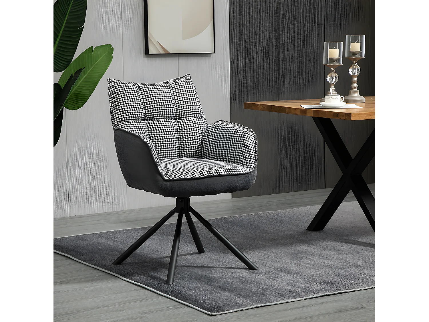 Stuhl 2er-Set - Stoff & schwarzes Metall - Pepita & dunkelgrau - RENATA 1