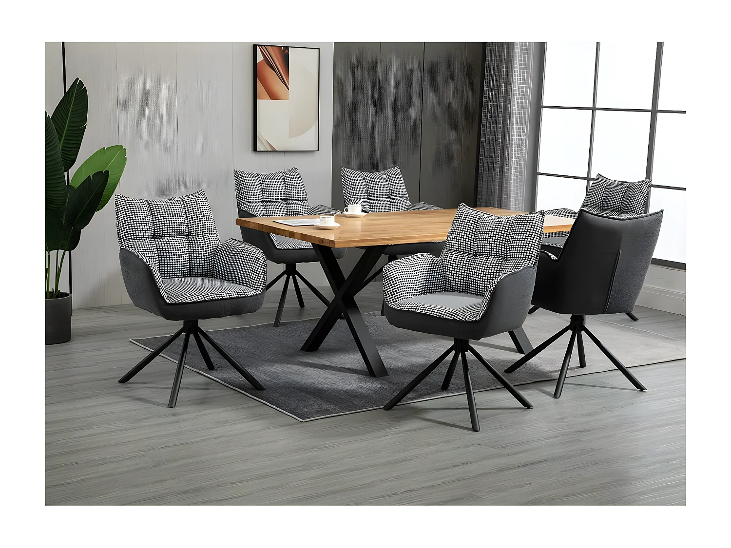 Stuhl 2er-Set - Stoff & schwarzes Metall - Pepita & dunkelgrau - RENATA 1