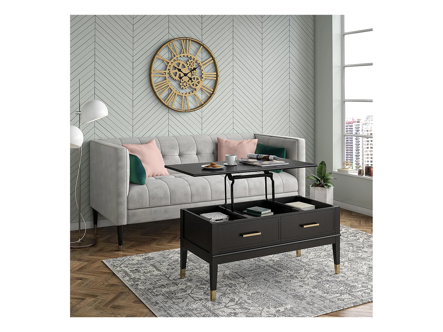 Salontafel met hefblad en 2 laden in spaanplaat zwart