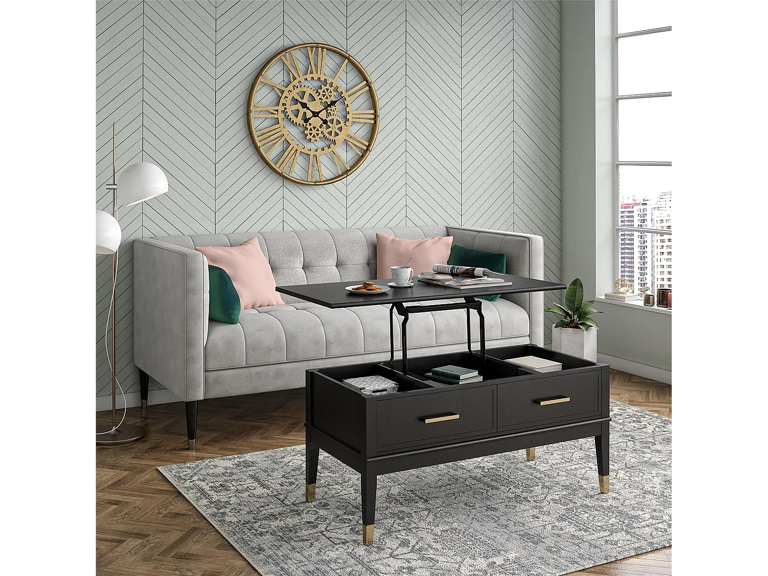 Salontafel met hefblad en 2 laden in spaanplaat zwart