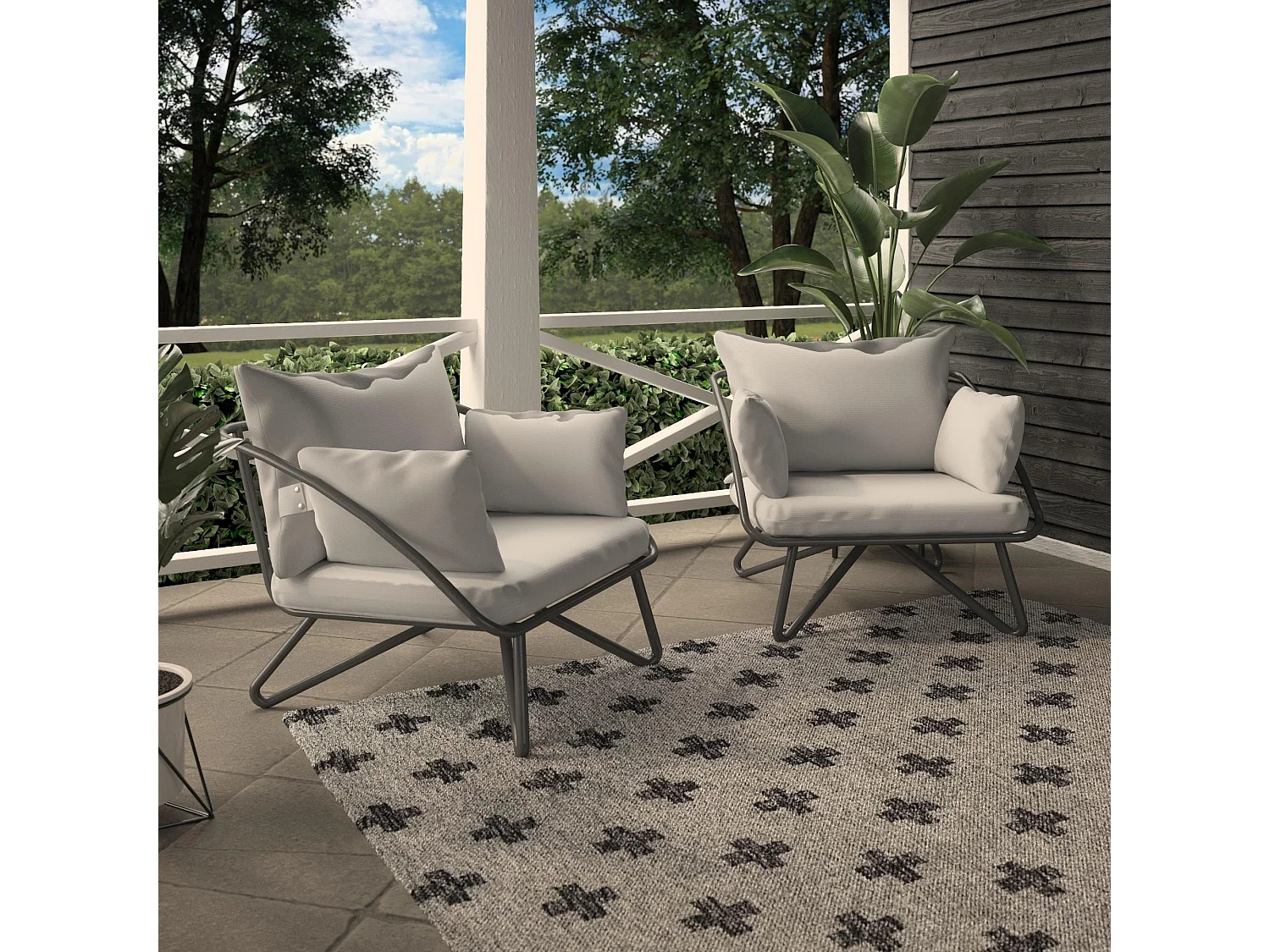 Teddi | Chaise longue d'extérieur Lot de 2 en polyester gris et structure en acier noir