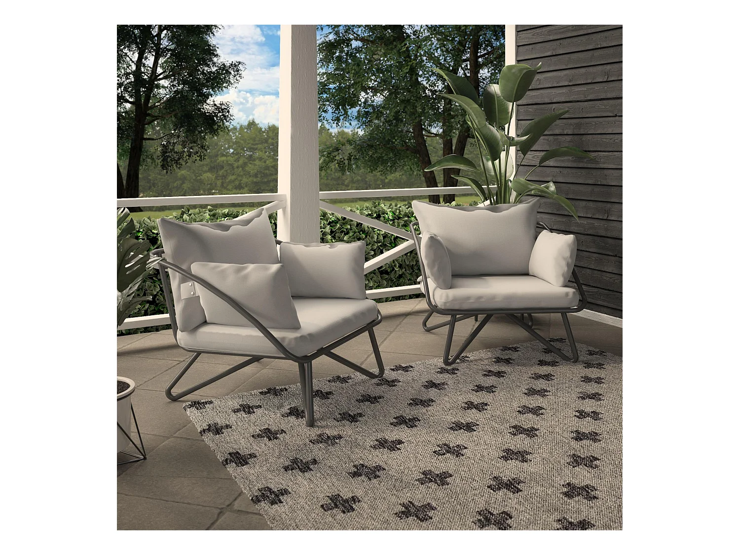 Set di 2 sedie da salotto per esterni in poliestere grigio e struttura in acciaio nero