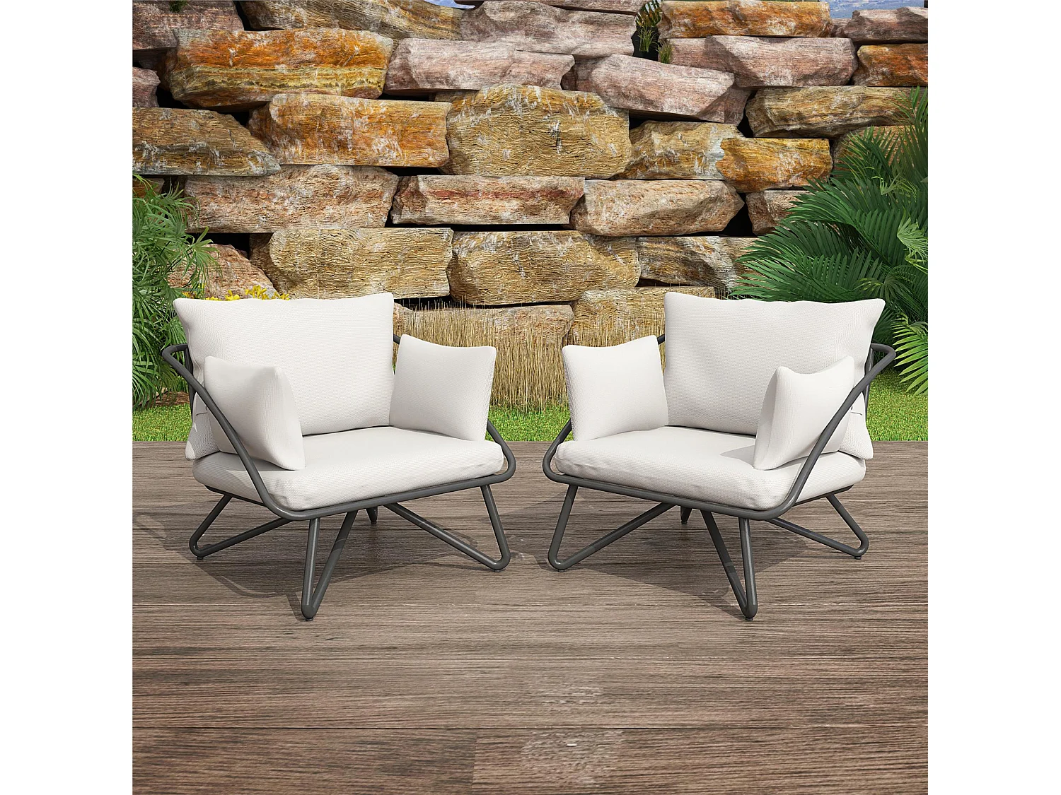 Set di 2 sedie da salotto per esterni in poliestere grigio e struttura in acciaio nero