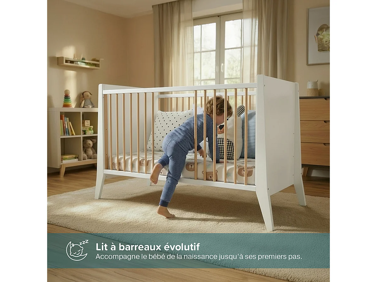 Lit bébé évolutif Timeo  bois et blanc 60x120cm