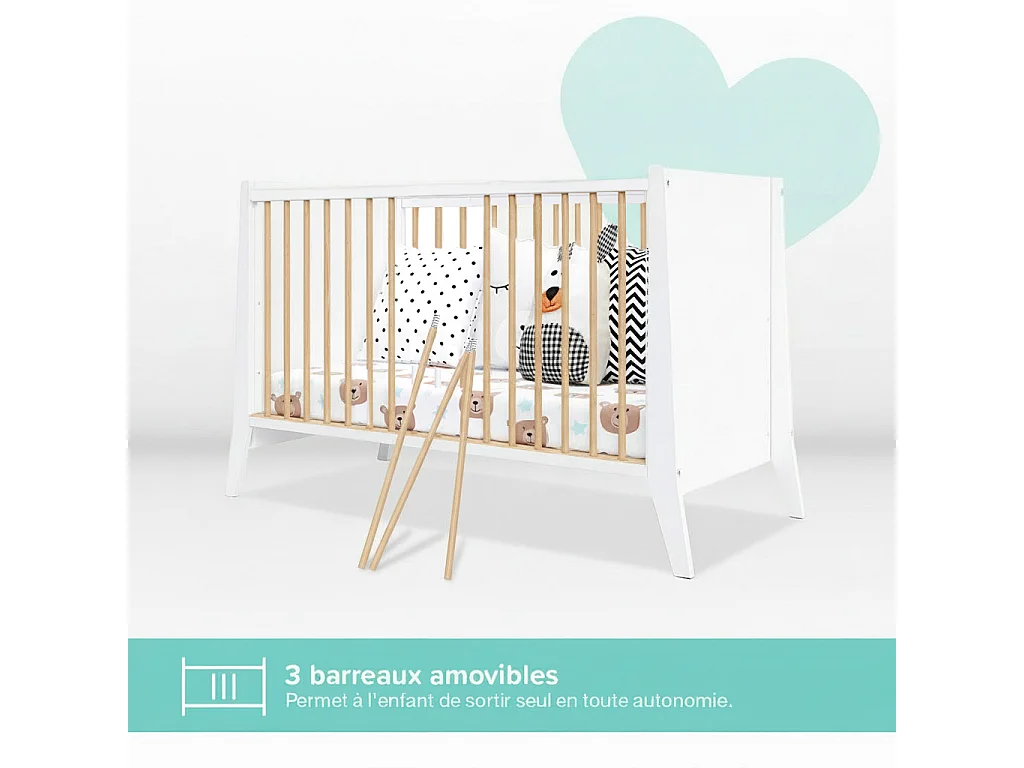 Lit bébé évolutif Timeo  bois et blanc 60x120cm