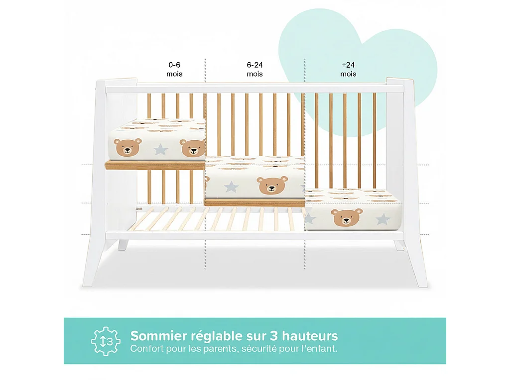 Lit bébé évolutif Timeo  bois et blanc 60x120cm