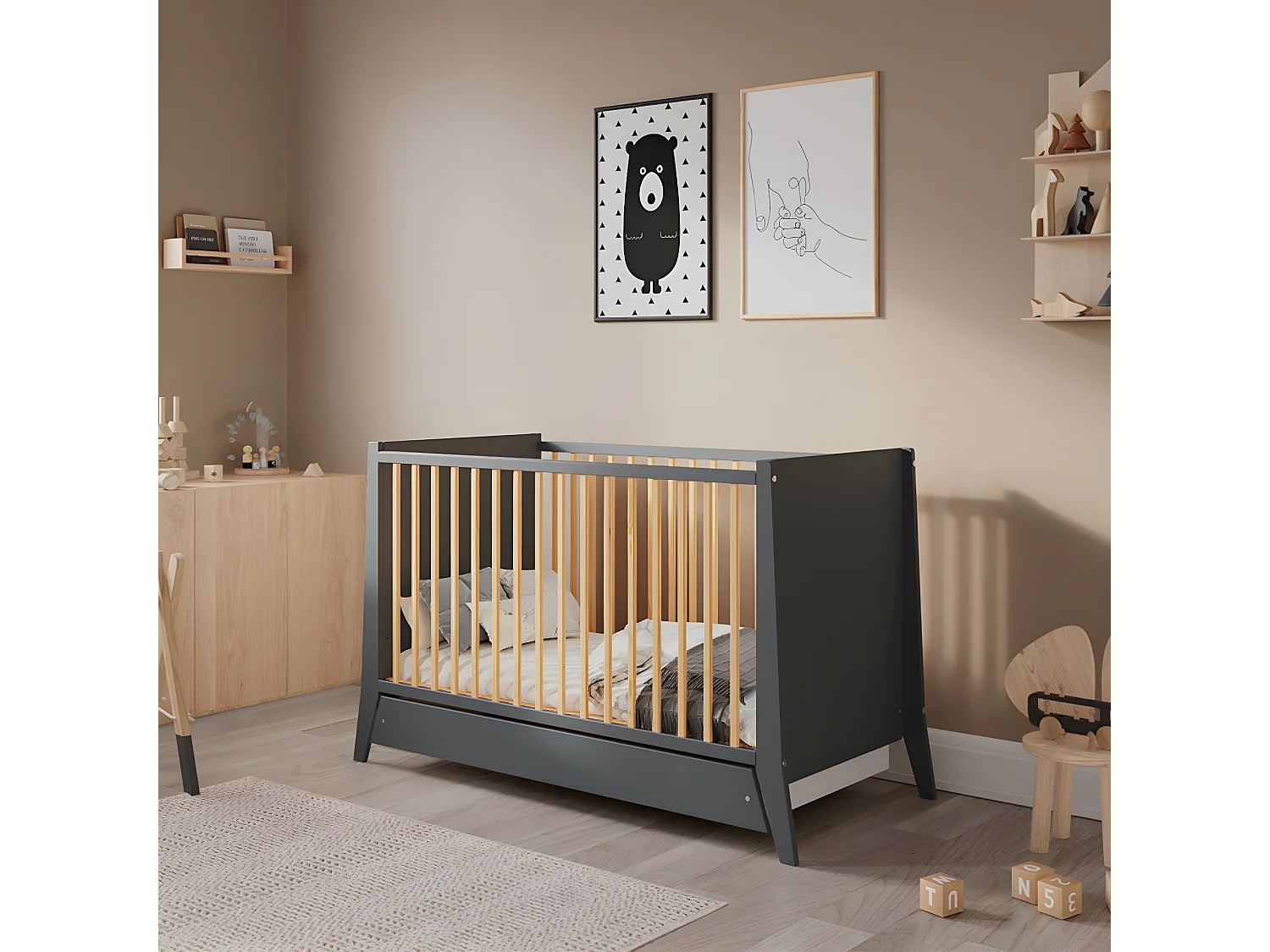 MINEA | Lit bébé évolutif avec tiroir TIMEO 60x120 cm (matelas non inclus)