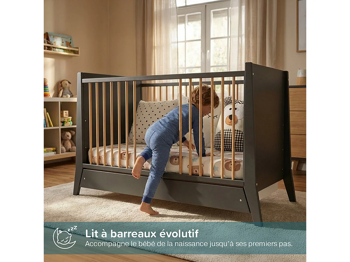 MINEA | Lit bébé évolutif avec tiroir TIMEO 60x120 cm (matelas non inclus)