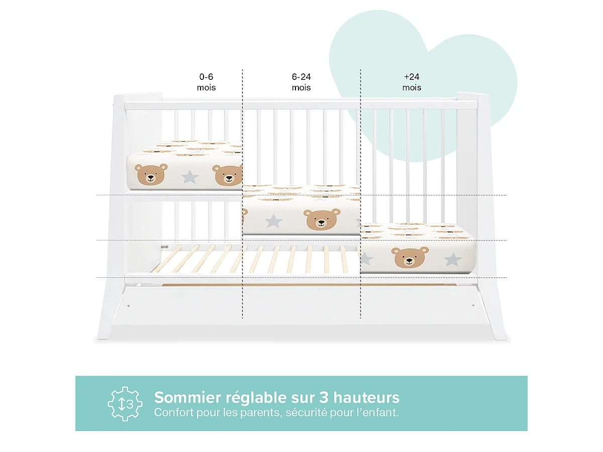 Lit bébé évolutif Timeo Espace qui grandit blanc 60x120cm