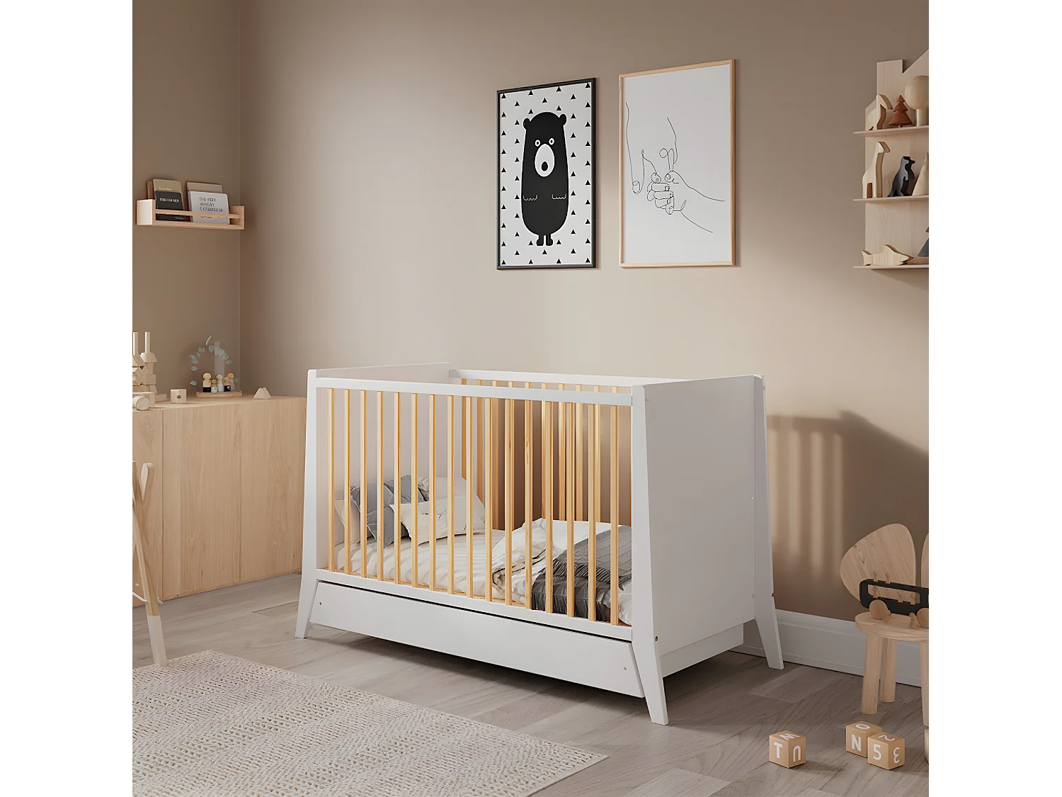 MINEA | Lit bébé évolutif avec tiroir TIMEO 60x120 cm (matelas non inclus)