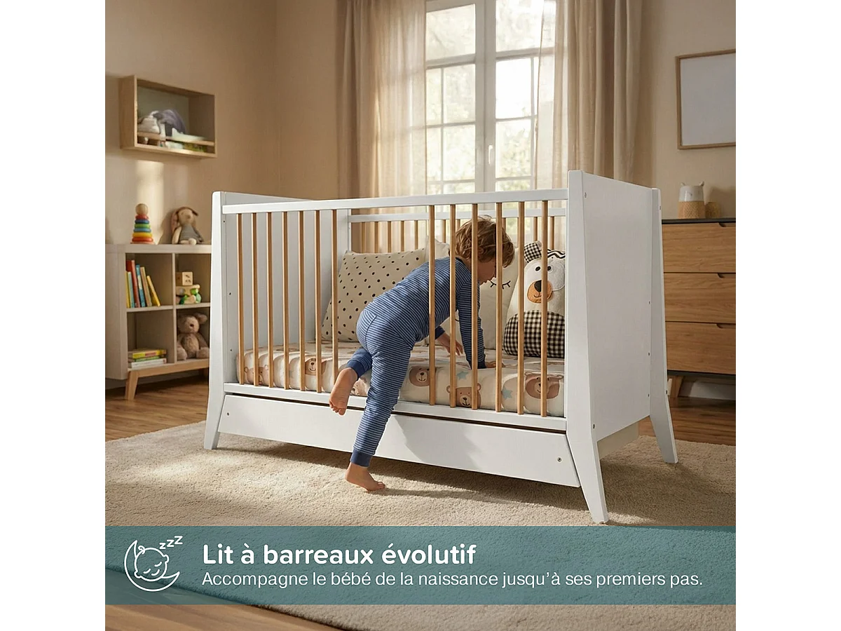 MINEA | Lit bébé évolutif avec tiroir TIMEO 60x120 cm (matelas non inclus)