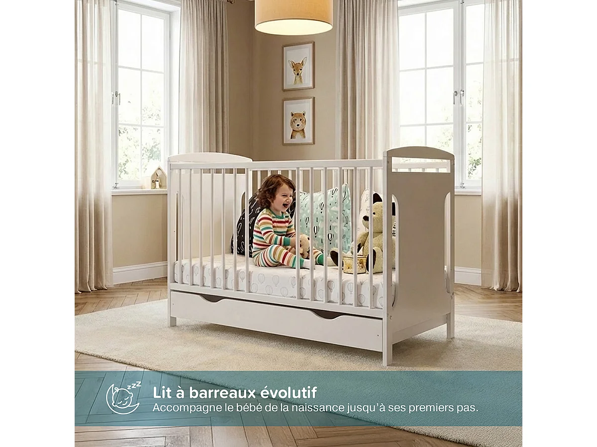 MINEA | Lit bébé évolutif avec tiroir MARGOT 60x120 cm (matelas non inclus)