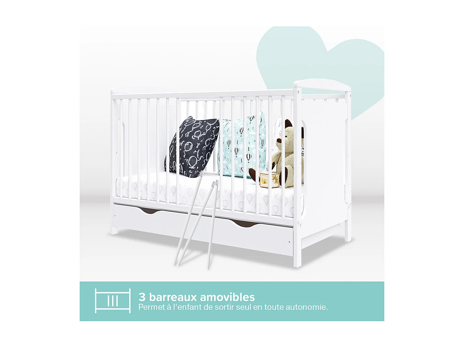 MINEA | Lit bébé évolutif avec tiroir MARGOT 60x120 cm (matelas non inclus)