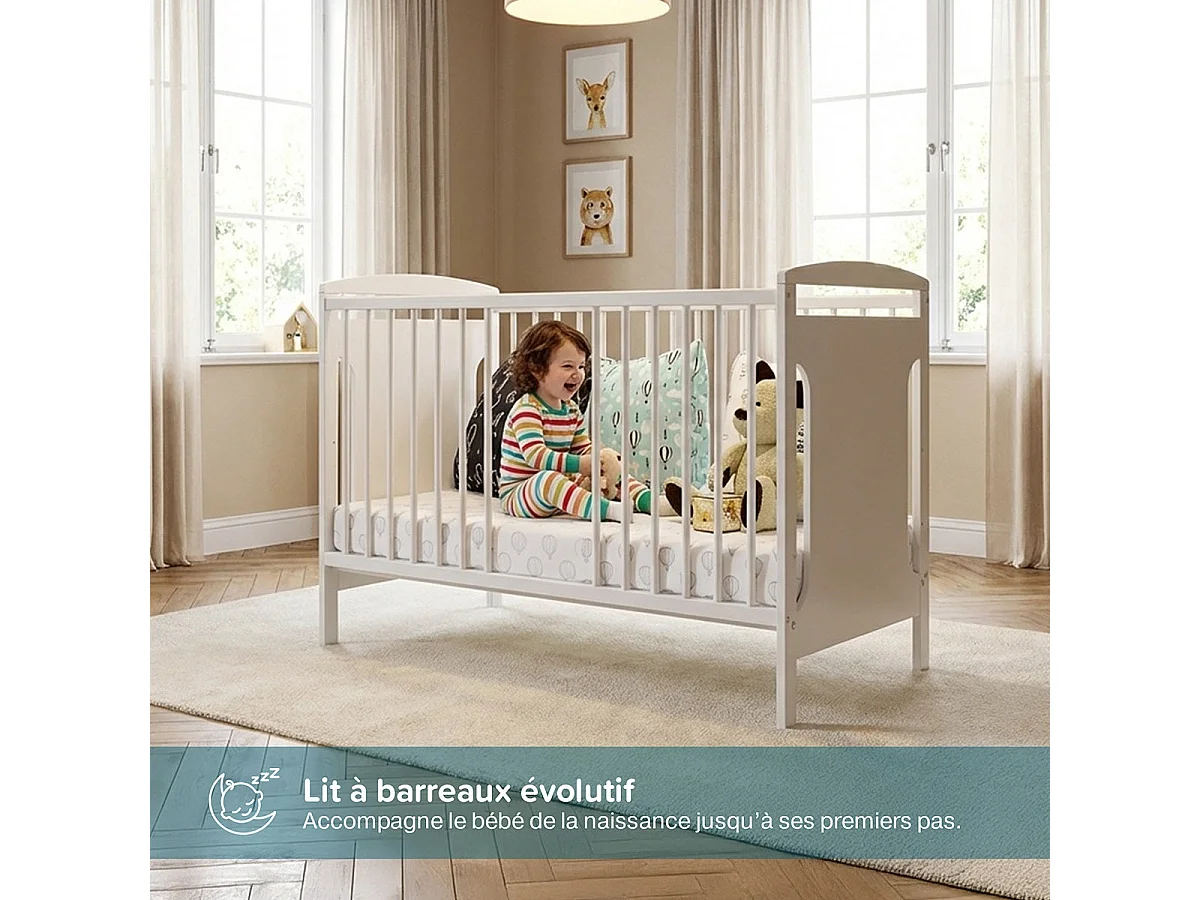 Lit bébé évolutif Margot blanc avec tiroir 60x 120 cm
