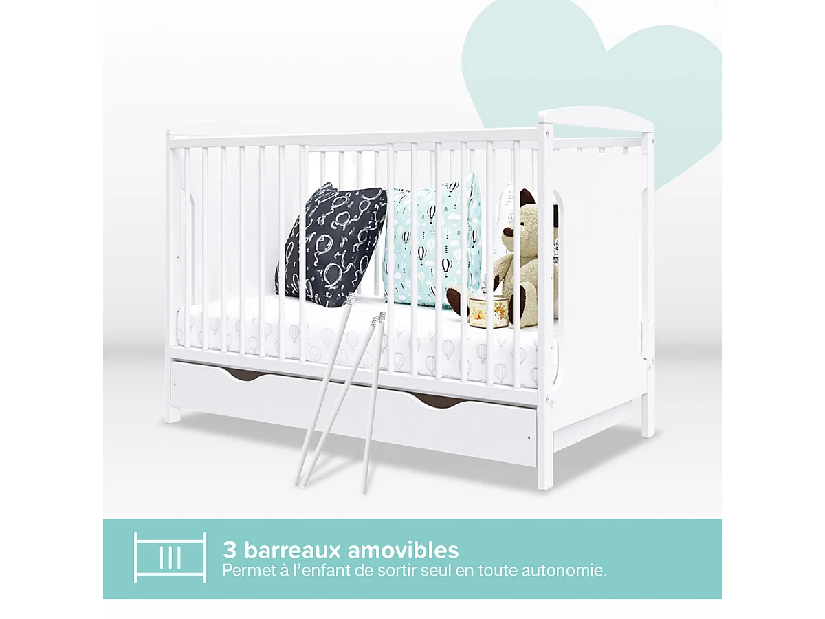Lit bébé évolutif Margot blanc avec tiroir 60x 120 cm