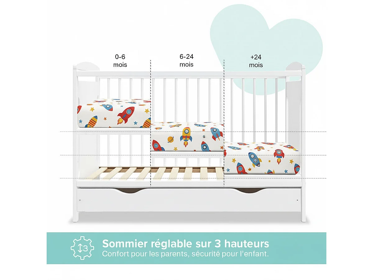 Lit bébé évolutif Margot blanc avec tiroir 60x 120 cm