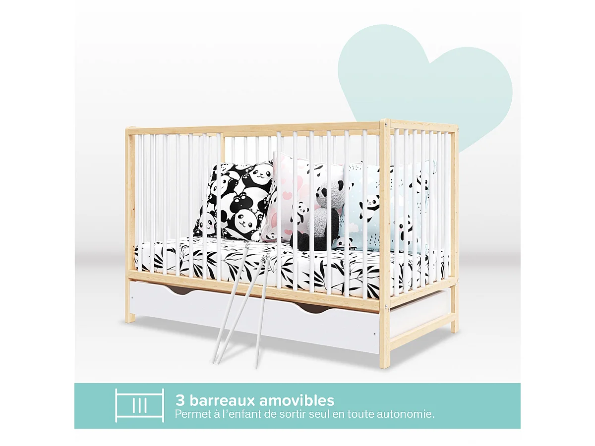 Lit bébé évolutif Mathis bois et blanc 60x 120 cm