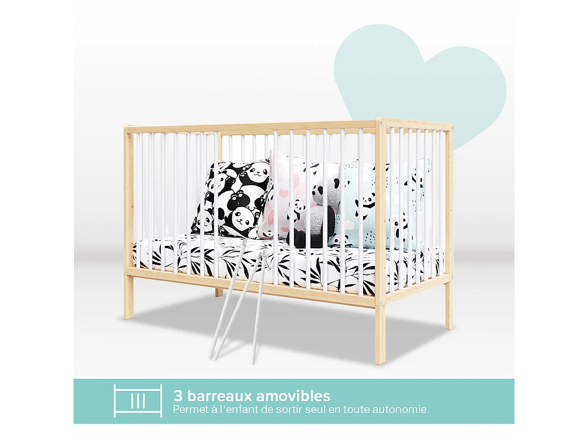 Lit bébé évolutif Mathis bois et blanc 60x 120 cm