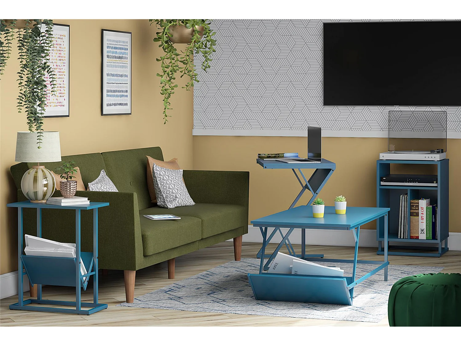 Regal | Bijzettafel met 1 plank in blauw met metalen onderstel