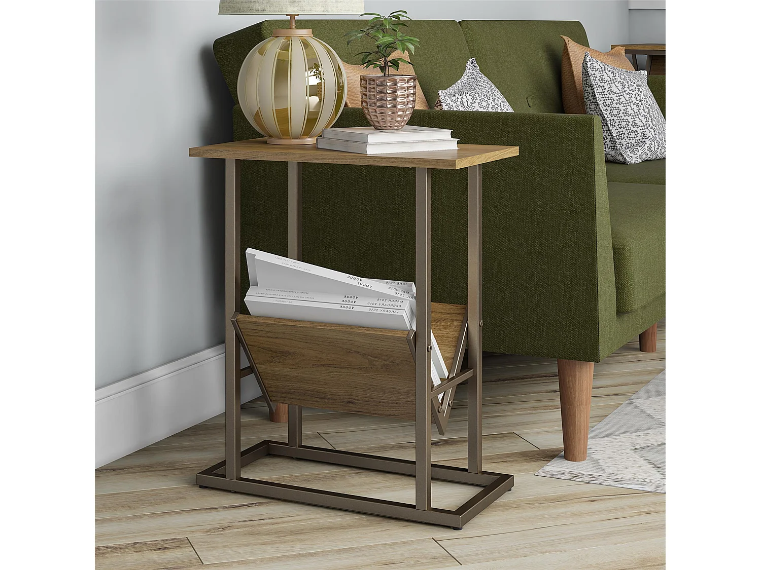 Regal | Table d'appoint à 1 étagère en aspect noyer avec structure en métal