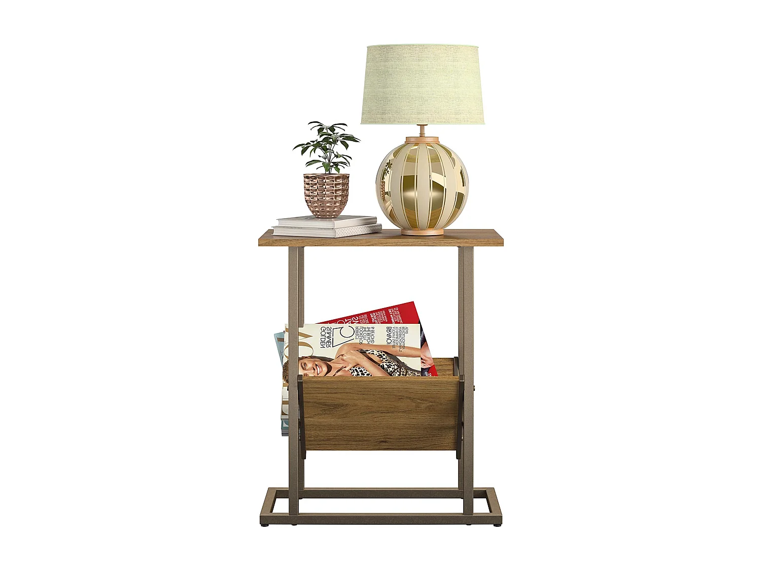 Regal | Table d'appoint à 1 étagère en aspect noyer avec structure en métal