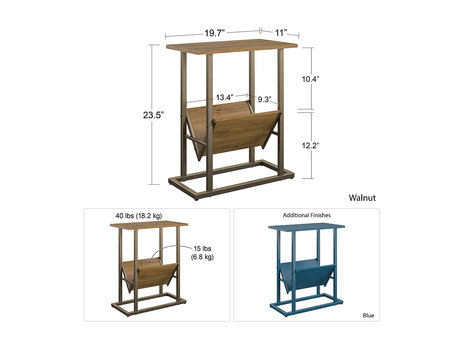 Regal | Table d'appoint à 1 étagère en aspect noyer avec structure en métal