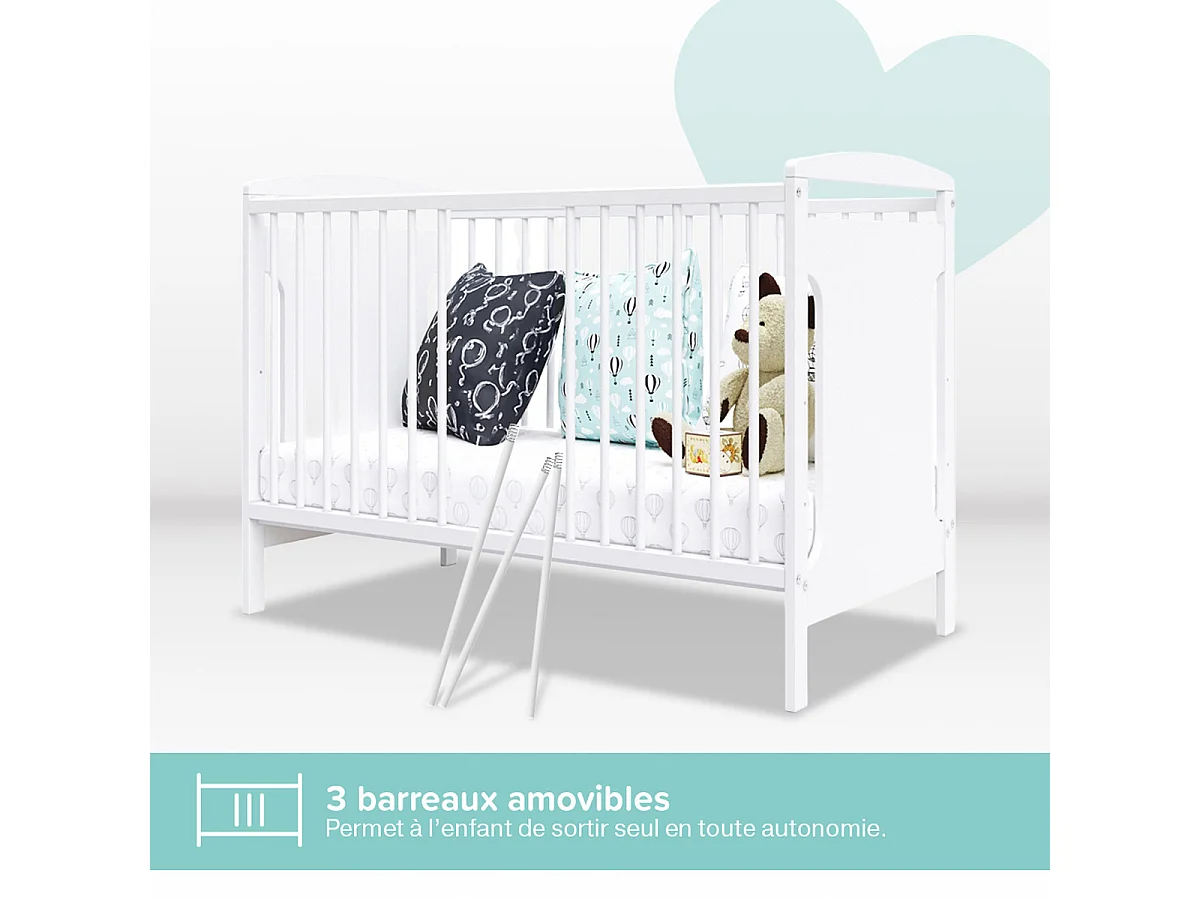 Lit bébé évolutif Margot blanc 60x 120 cm
