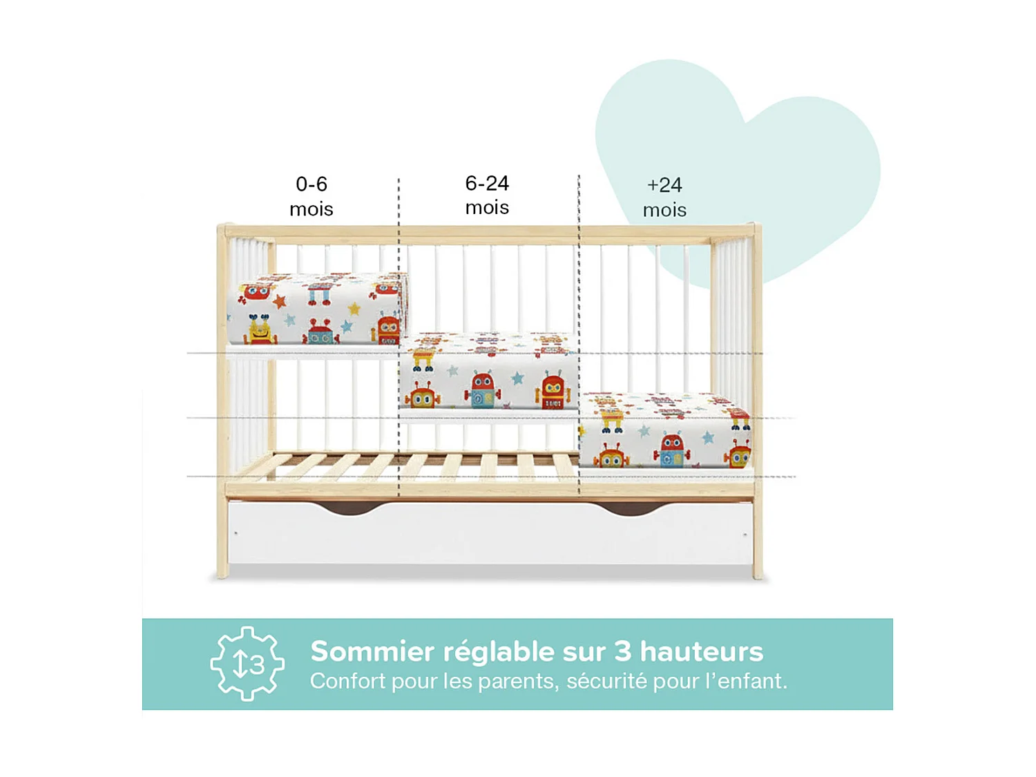MINEA | Lit bébé évolutif avec tiroir MATHIS 60x120 cm (matelas non inclus)