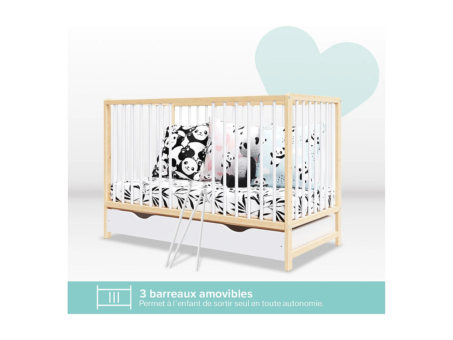 MINEA | Lit bébé évolutif avec tiroir MATHIS 60x120 cm (matelas non inclus)