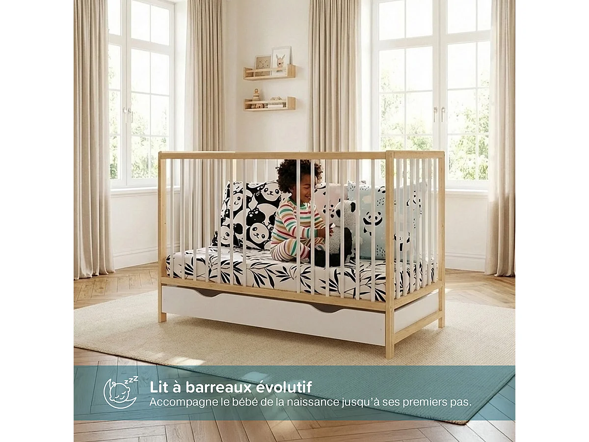 Lit bébé évolutif Mathis bois et blanc avec tiroir 60x 120 cm