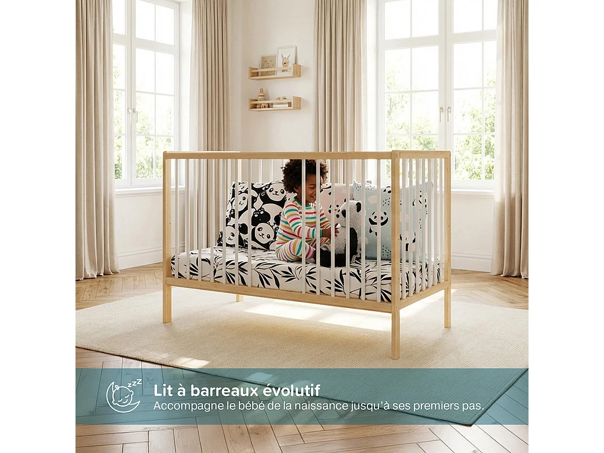 Lit bébé évolutif Mathis bois et blanc avec tiroir 60x 120 cm