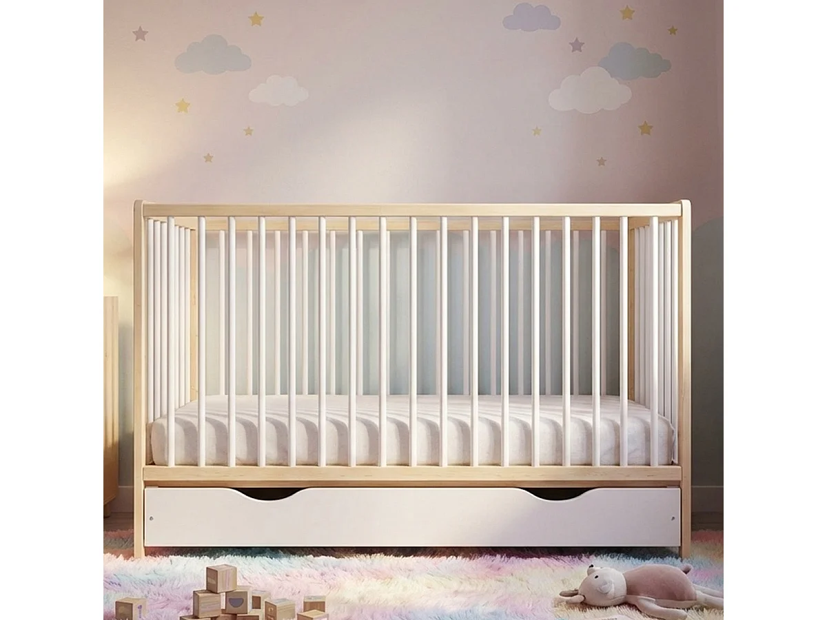 Lit bébé évolutif Mathis bois et blanc avec tiroir 60x 120 cm