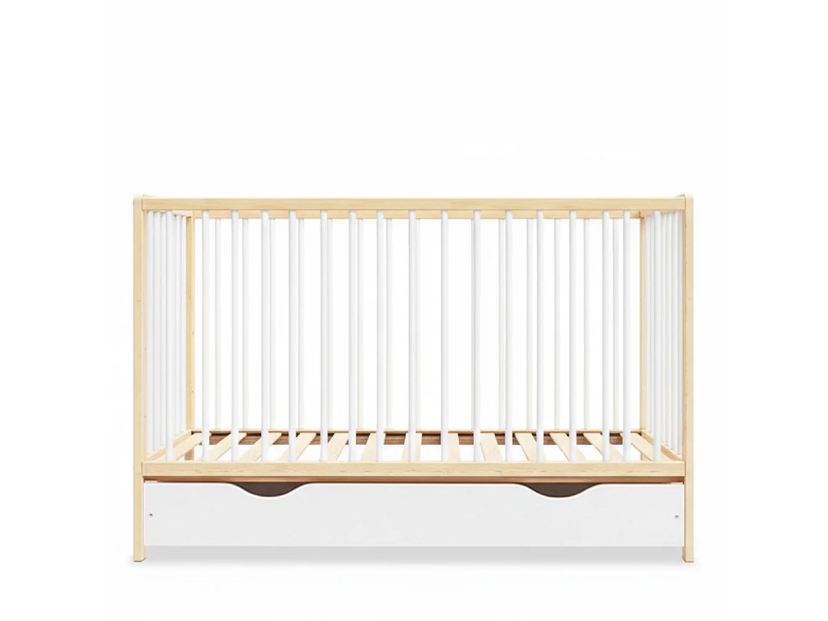 Lit bébé évolutif Mathis bois et blanc avec tiroir 60x 120 cm