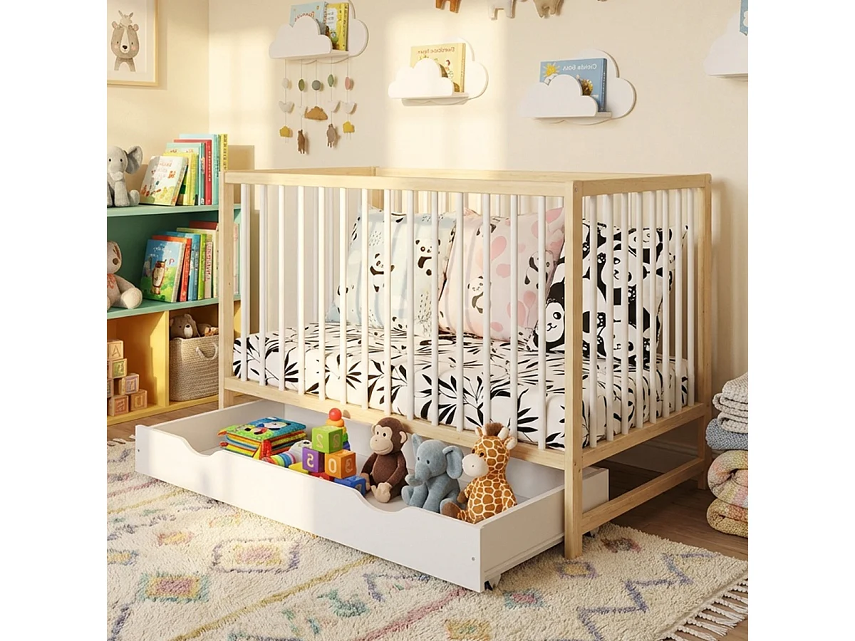 Lit bébé évolutif Mathis bois et blanc avec tiroir 60x 120 cm