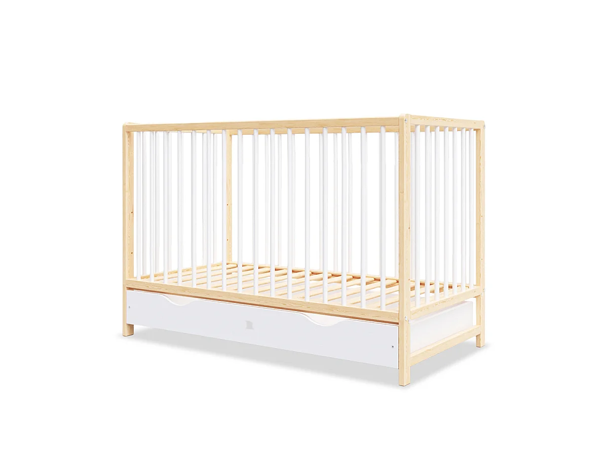 Lit bébé évolutif Mathis bois et blanc avec tiroir 60x 120 cm