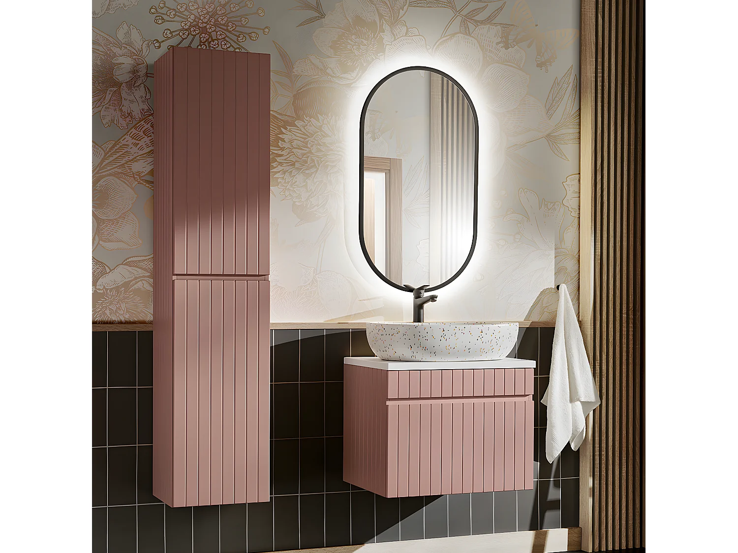 Meuble sous-vasque 60cm plan de toilette Zelie Rose et Blanc