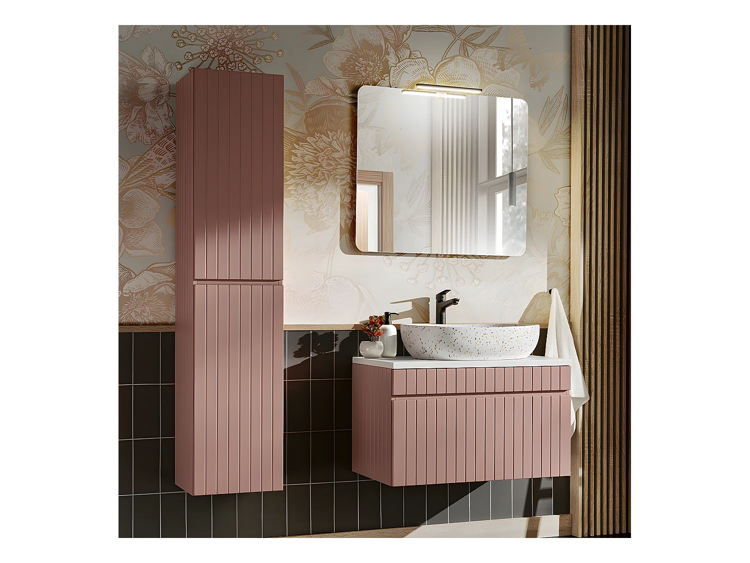 Ensemble meuble simple vasque 80cm et colonne Zelie Rose et Blanc
