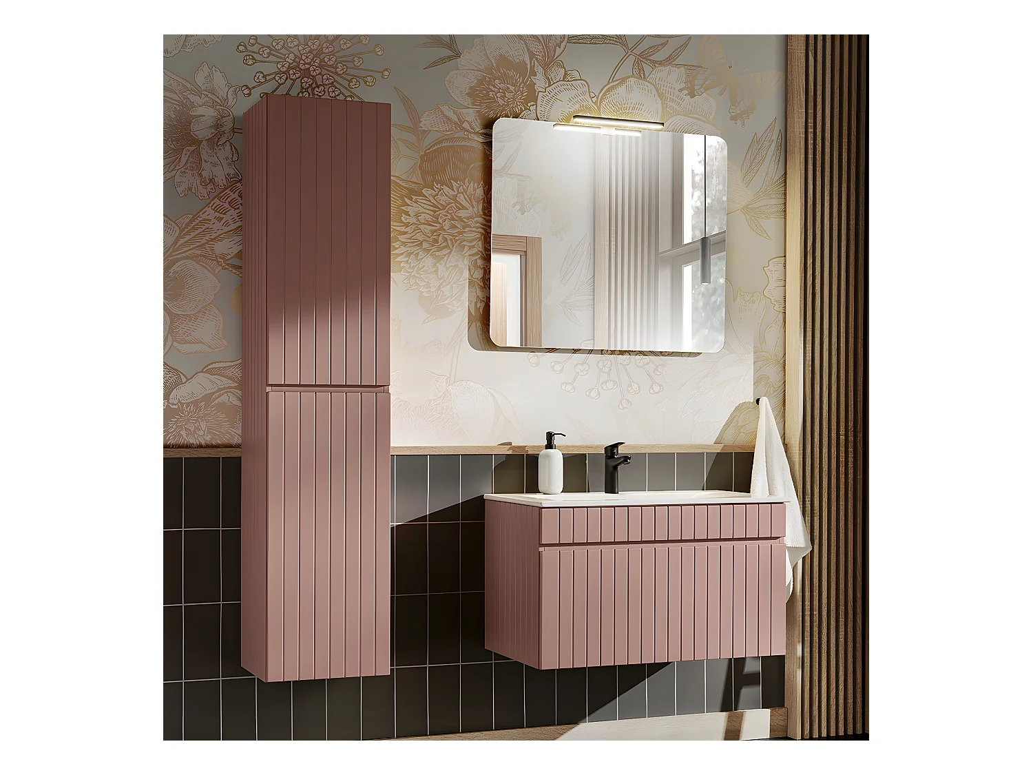 Ensemble meuble simple vasque encastrée 80cm et colonne Zelie Rose