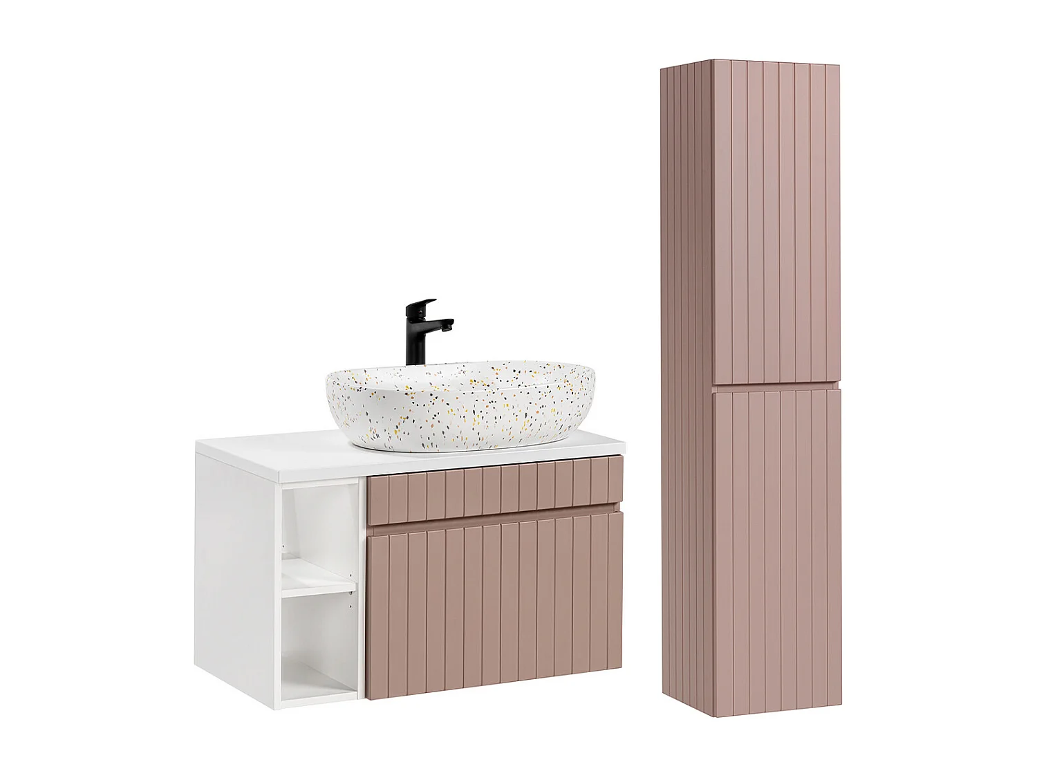 Ensemble meuble simple vasque 80cm 2 niches et colonne Zelie Rose et Blanc