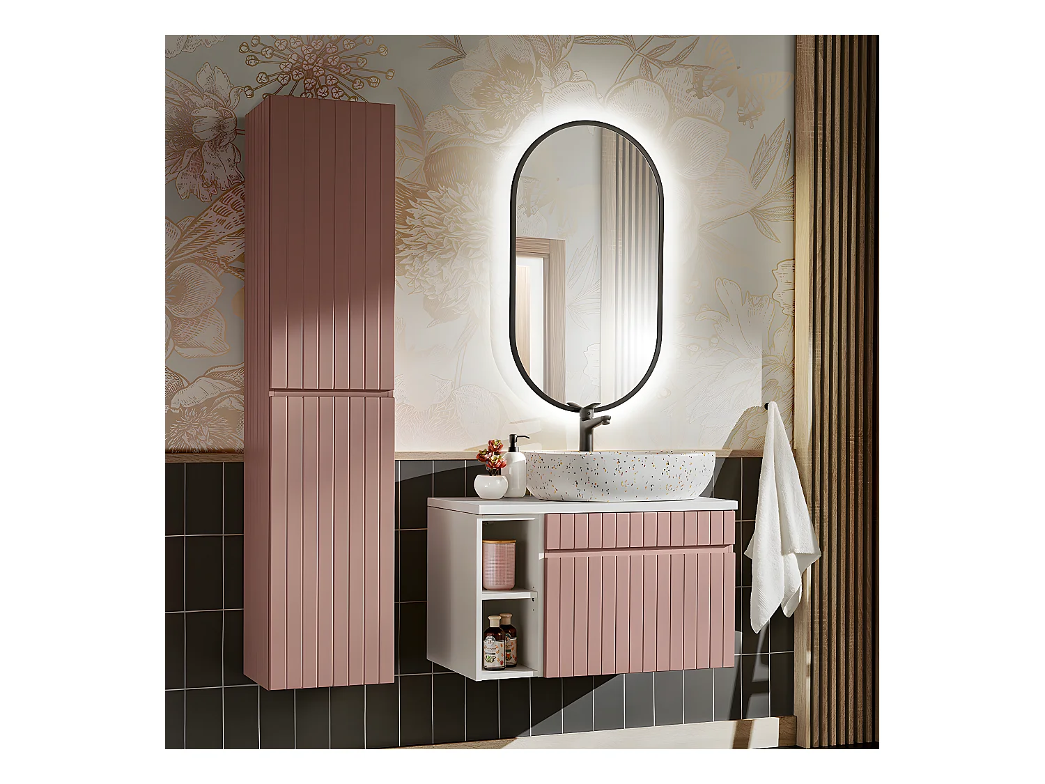 Ensemble meuble simple vasque 80cm 2 niches et colonne Zelie Rose et Blanc