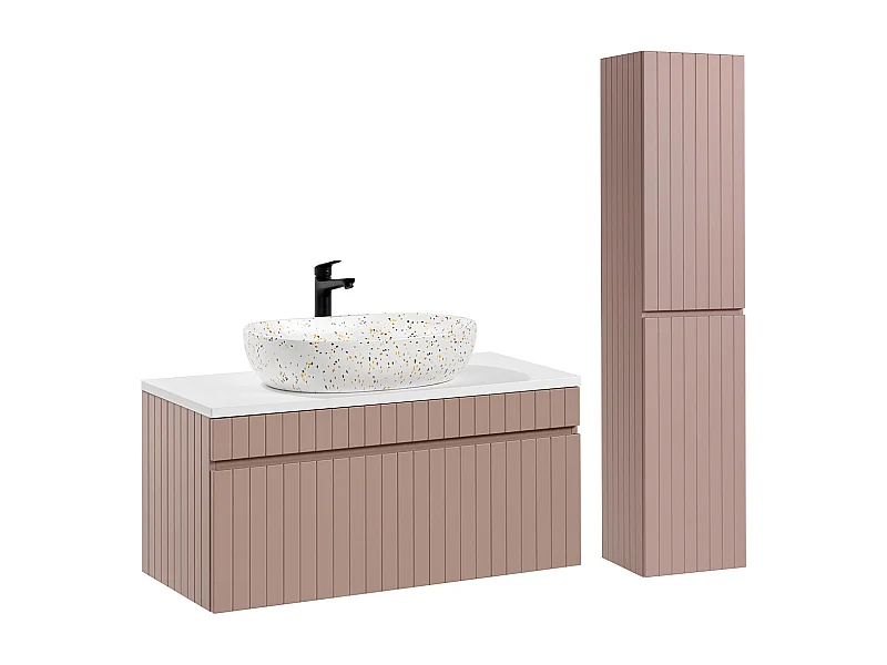Ensemble meuble simple vasque 100cm et colonne Zelie Rose et Blanc